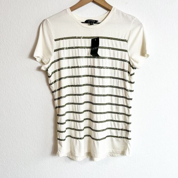 LAUREN RALPH LAUREN CREAM GREEN SEQUIN WOMEN SHORT SLEEVE TOP BRAND NEW - Picture 2 of 6